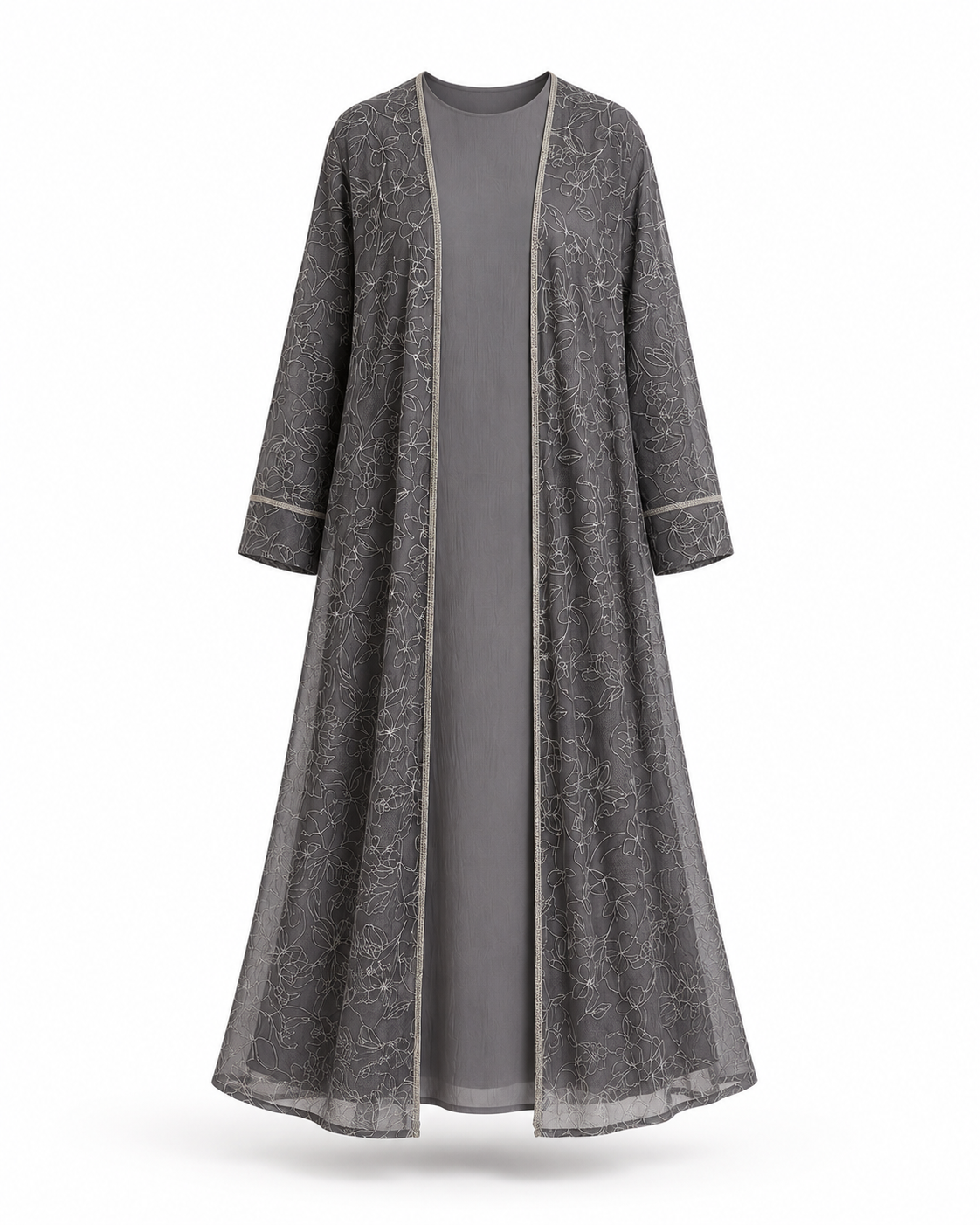 Zohroze Silver Grey Floral Sheer Kimono Abaya