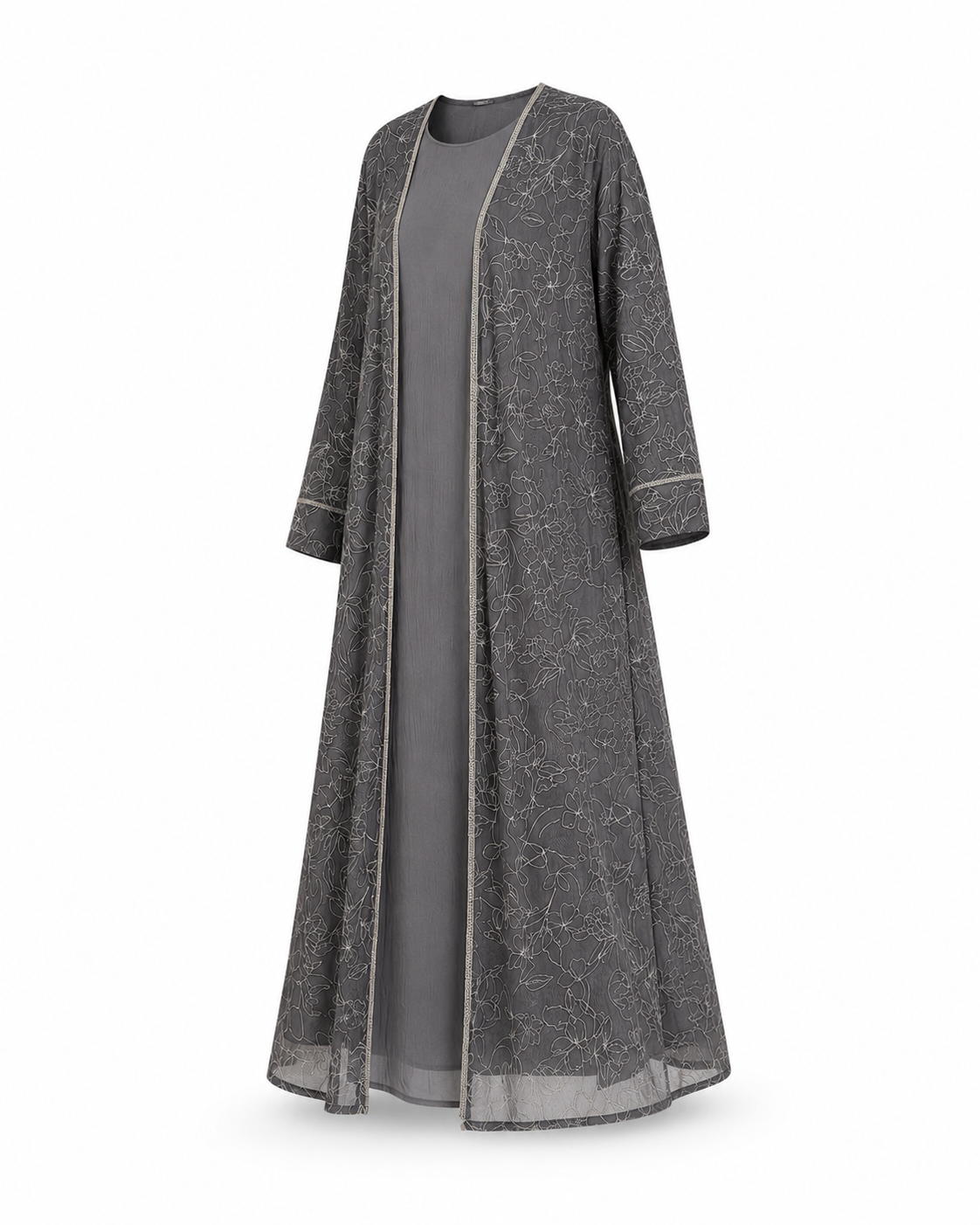 Zohroze Silver Grey Floral Sheer Kimono Abaya