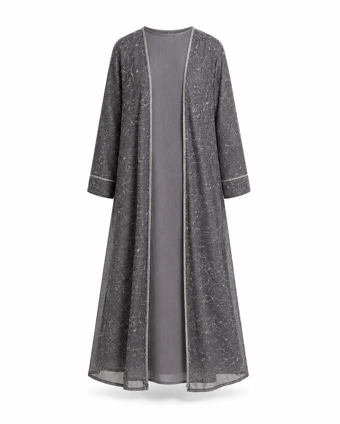 Zohroze Silver Grey Floral Sheer Kimono Abaya