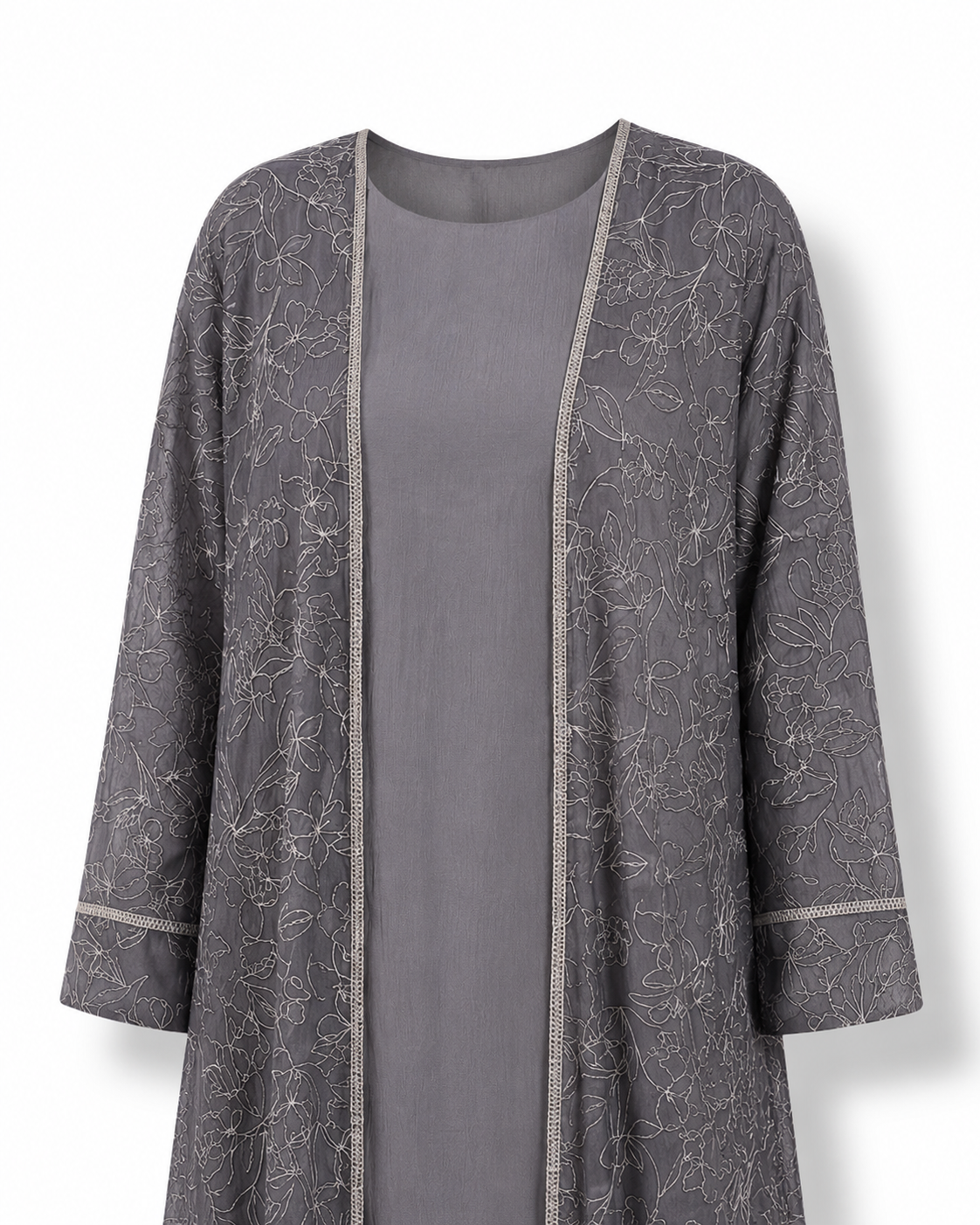 Zohroze Silver Grey Floral Sheer Kimono Abaya