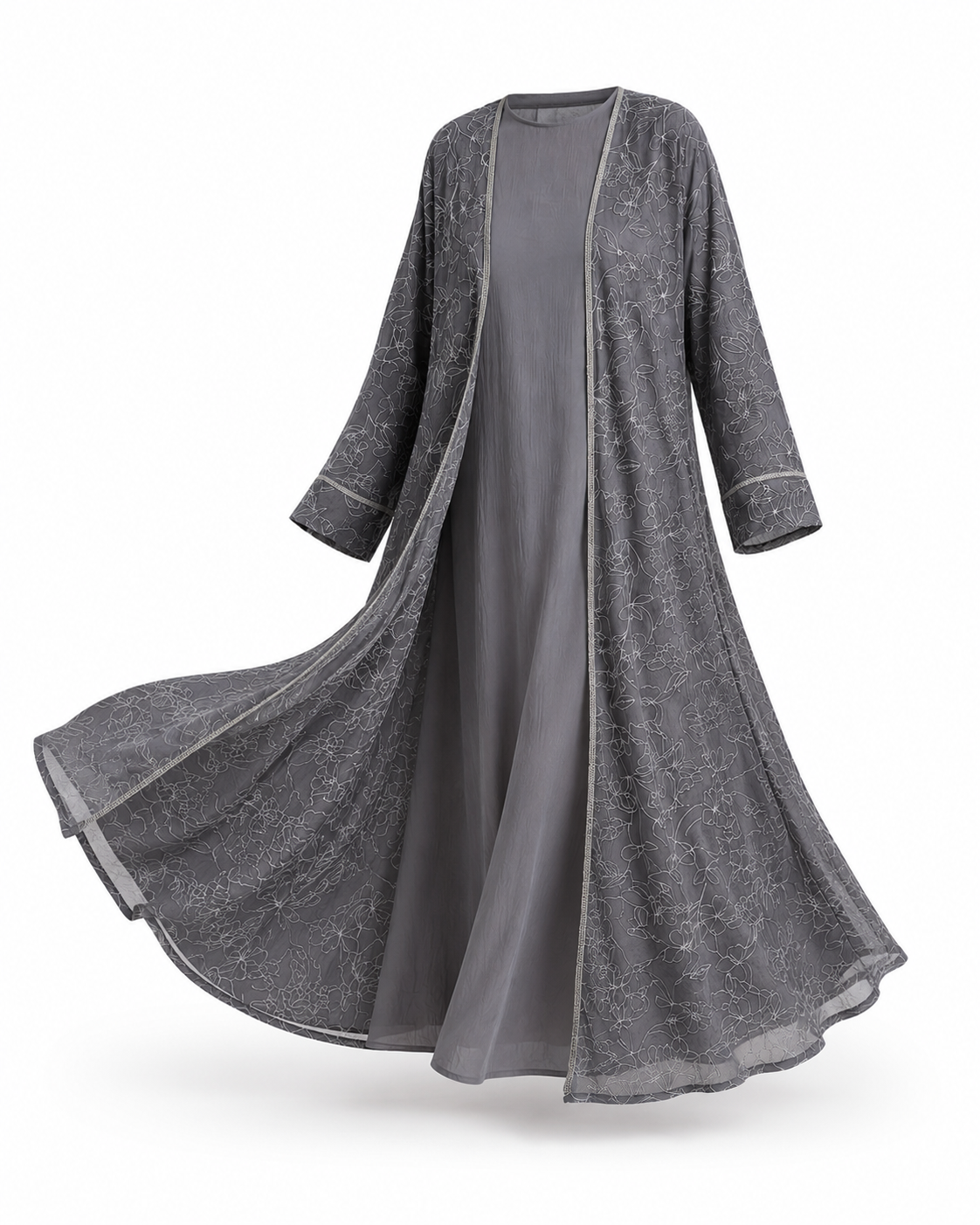 Zohroze Silver Grey Floral Sheer Kimono Abaya