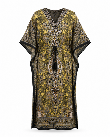 Yellow Black Paisley Kaftan Maxi Dress by Zohroze