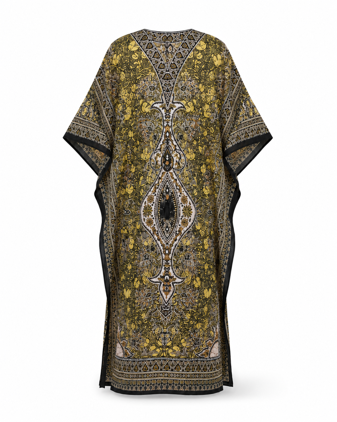 Yellow Black Paisley Kaftan Maxi Dress by Zohroze