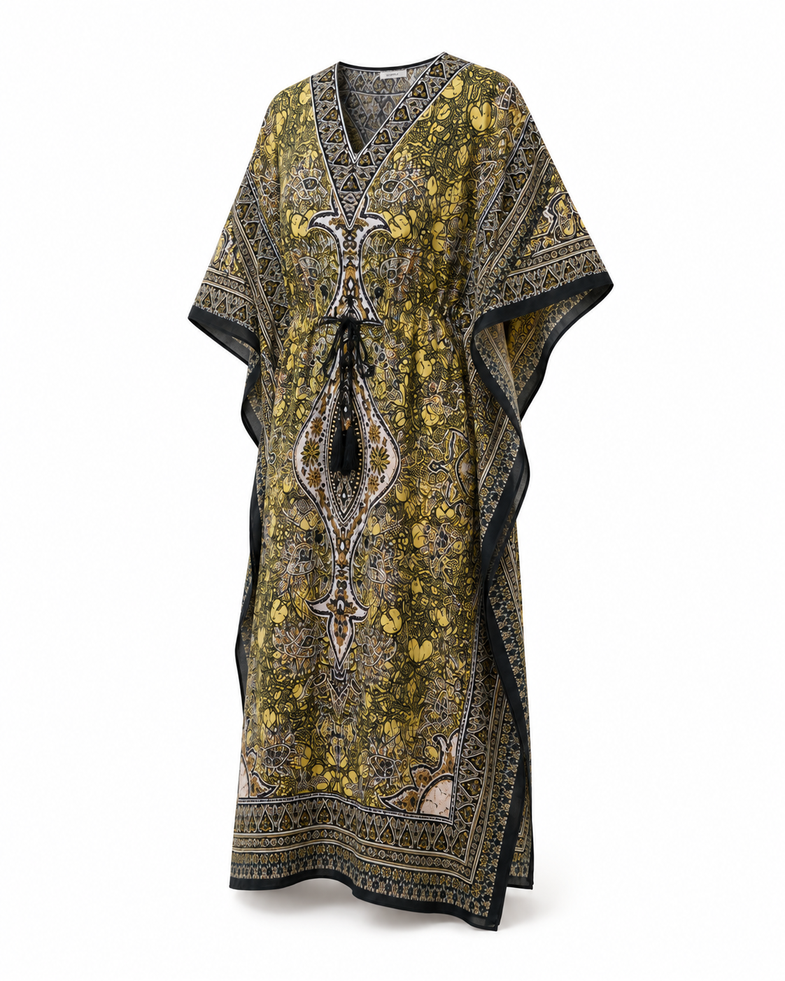 Yellow Black Paisley Kaftan Maxi Dress by Zohroze
