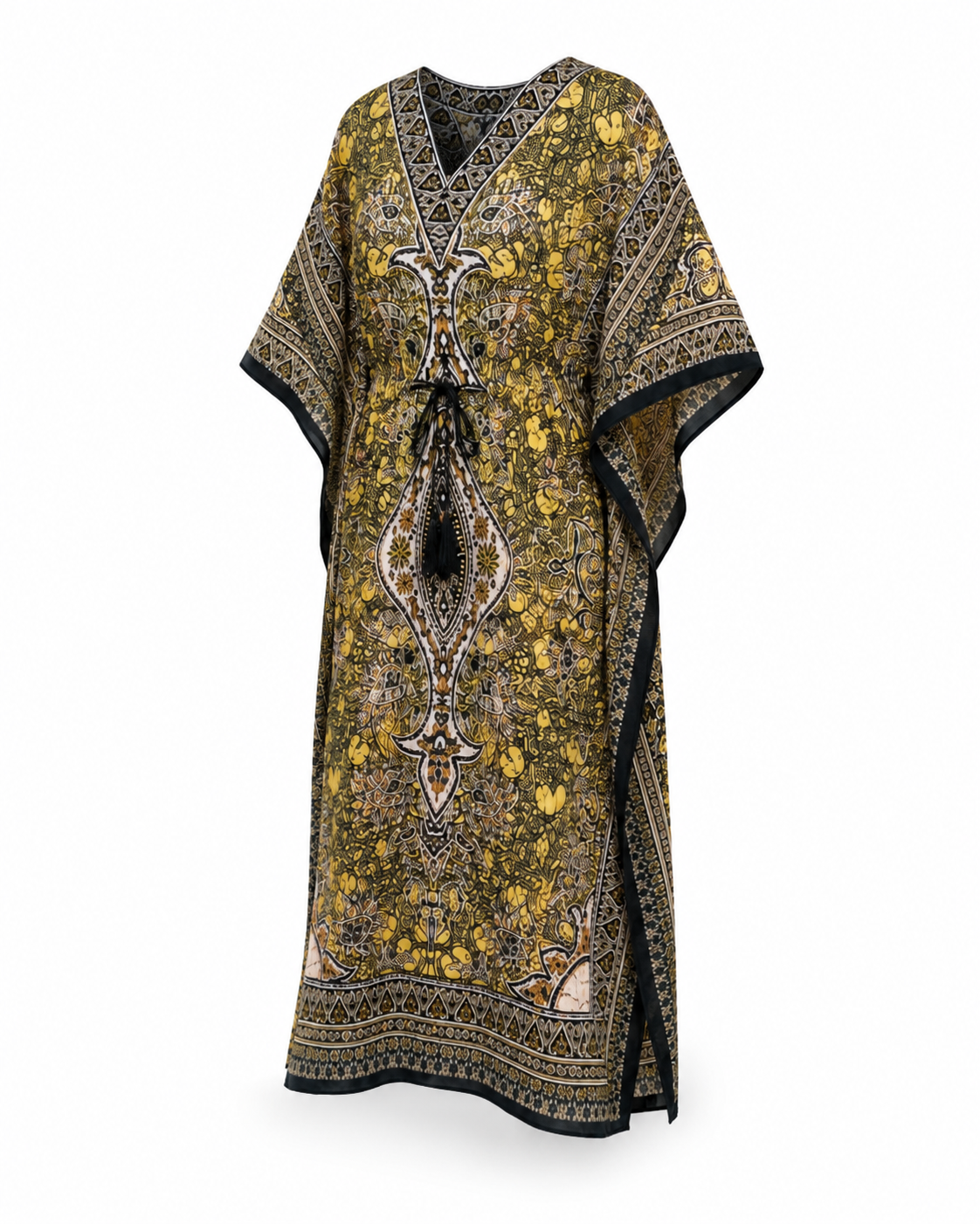 Yellow Black Paisley Kaftan Maxi Dress by Zohroze