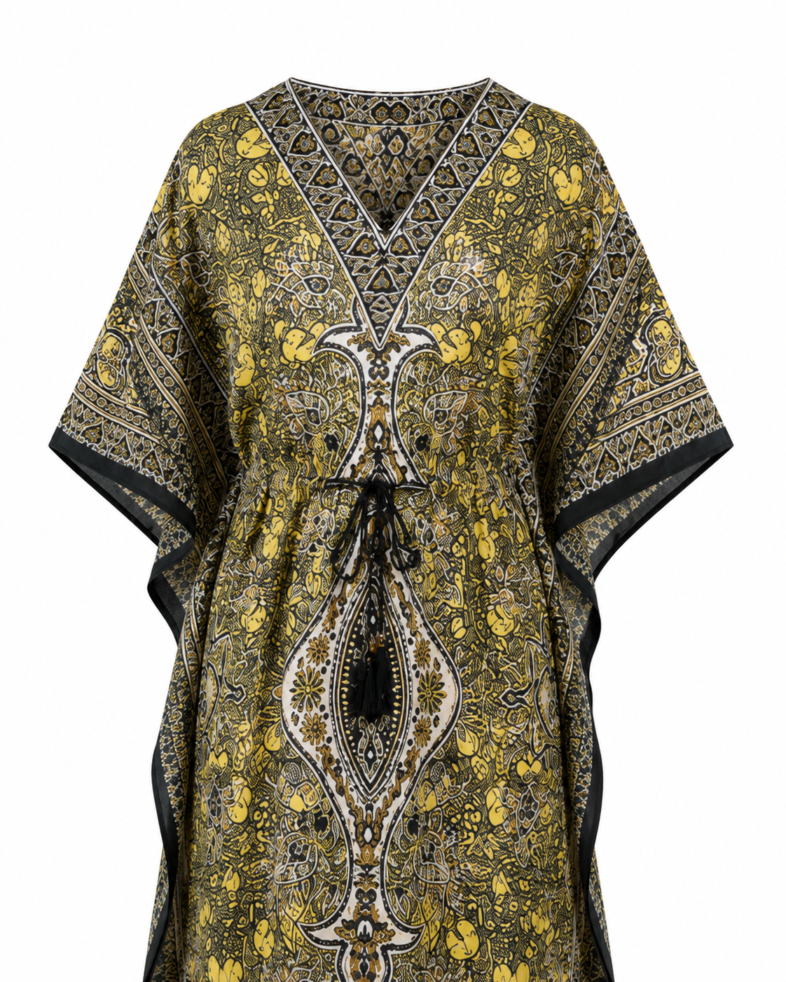 Yellow Black Paisley Kaftan Maxi Dress by Zohroze