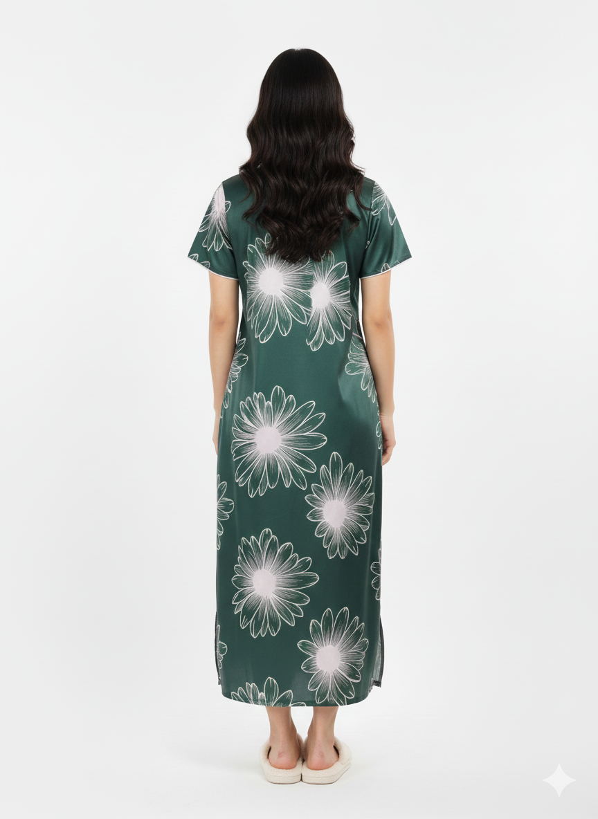 Forest Daisy Floral Print Nightgown | Rizqé by Zadine Italian Satin Feel Maxi Dress
