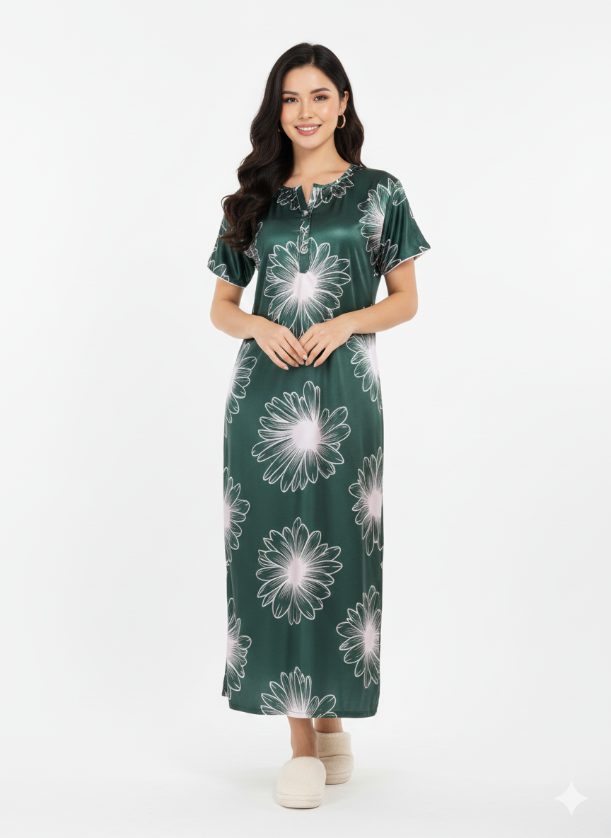 Forest Daisy Floral Print Nightgown | Rizqé by Zadine Italian Satin Feel Maxi Dress