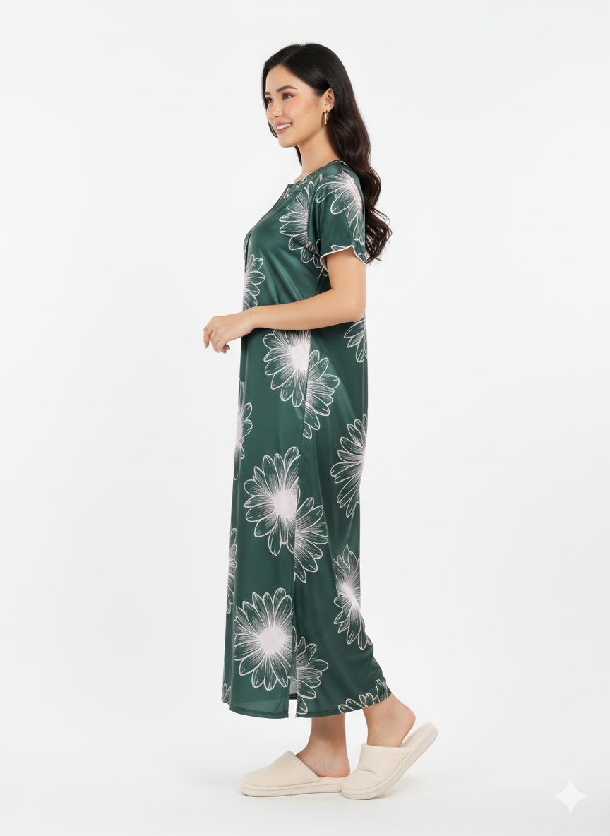 Forest Daisy Floral Print Nightgown | Rizqé by Zadine Italian Satin Feel Maxi Dress