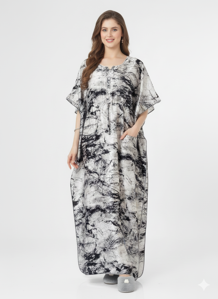 Marble Abyss Kaftan Nightgown | Rizqé Black & White Abstract Satin Feel Maxi Dress