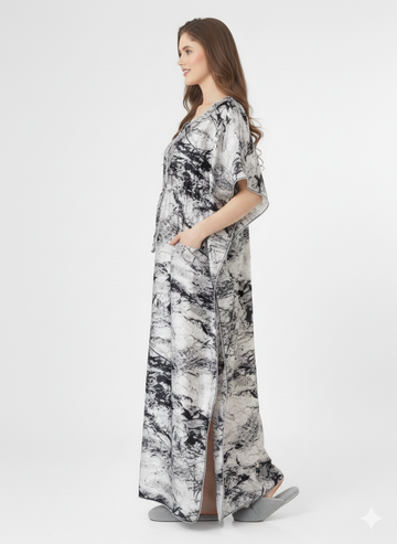 Marble Abyss Kaftan Nightgown | Rizqé Black & White Abstract Satin Feel Maxi Dress