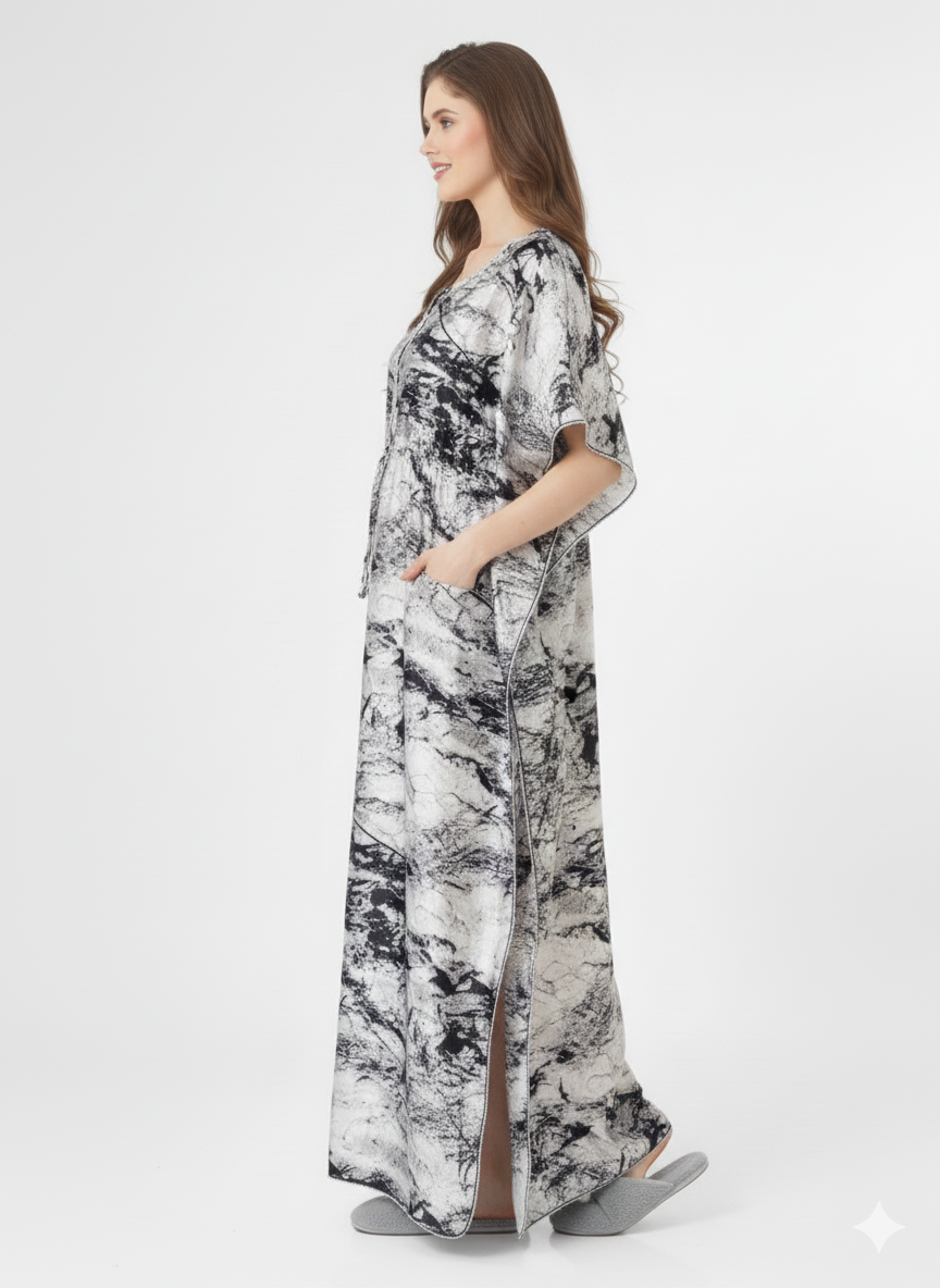 Marble Abyss Kaftan Nightgown | Rizqé Black & White Abstract Satin Feel Maxi Dress