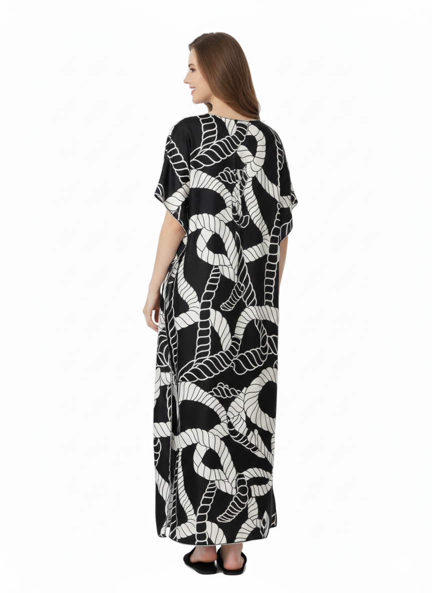 Monochrome Nautical Kaftan Nightgown | Rizqé Black & White Rope Print Satin Feel Maxi Dress