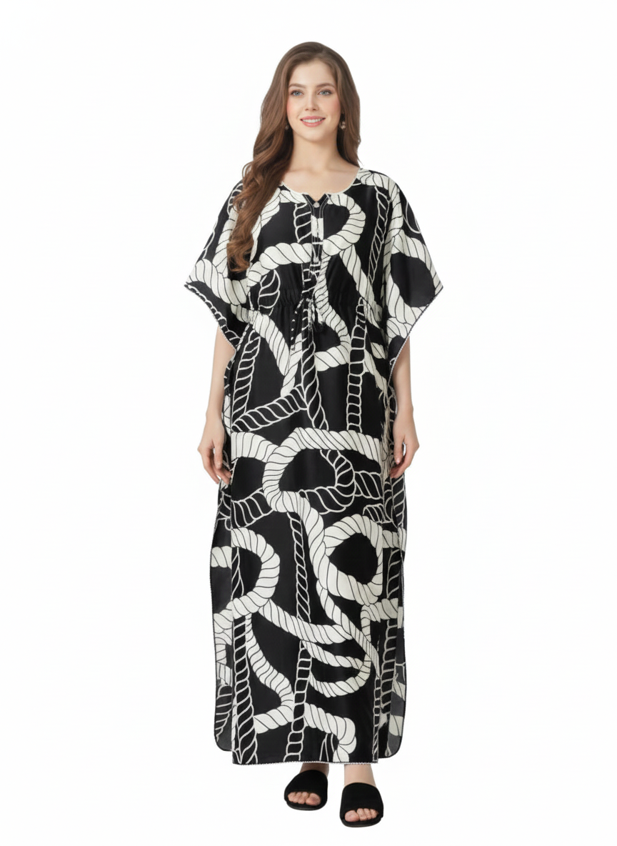 Monochrome Nautical Kaftan Nightgown | Rizqé Black & White Rope Print Satin Feel Maxi Dress