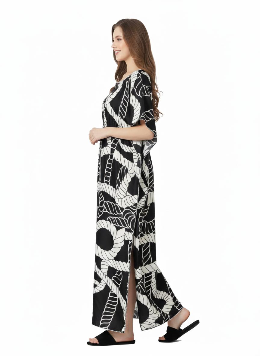Monochrome Nautical Kaftan Nightgown | Rizqé Black & White Rope Print Satin Feel Maxi Dress