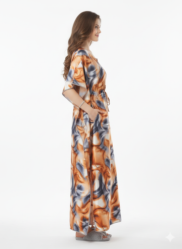 Copper Swirl Kaftan Nightgown | Rizqé Orange & Grey Abstract Italian Satin Feel Maxi Dress
