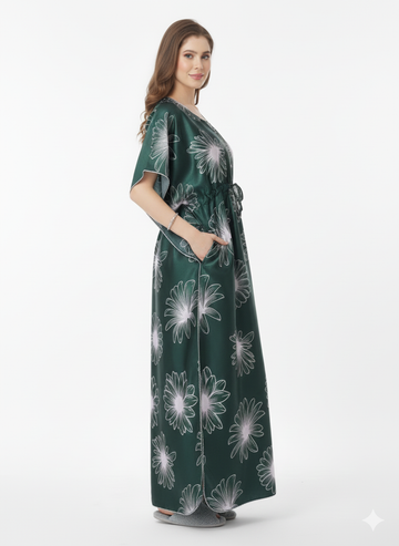 Emerald Garden Kaftan Nightgown | Rizqé Dark Green Floral Print Satin Feel Maxi Dress