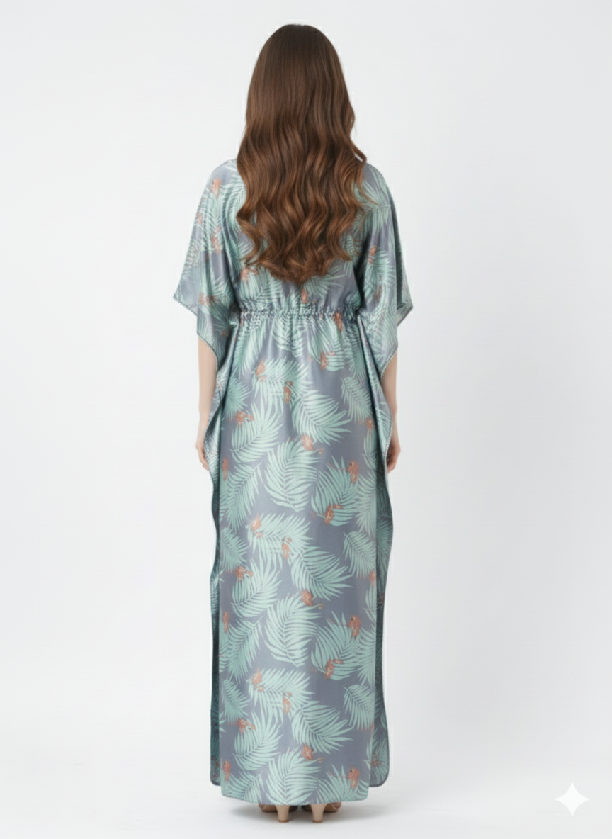 Tropical Mist Kaftan Style Nightgown | Rizqé by Zadine Italian Satin Feel Maxi Dress