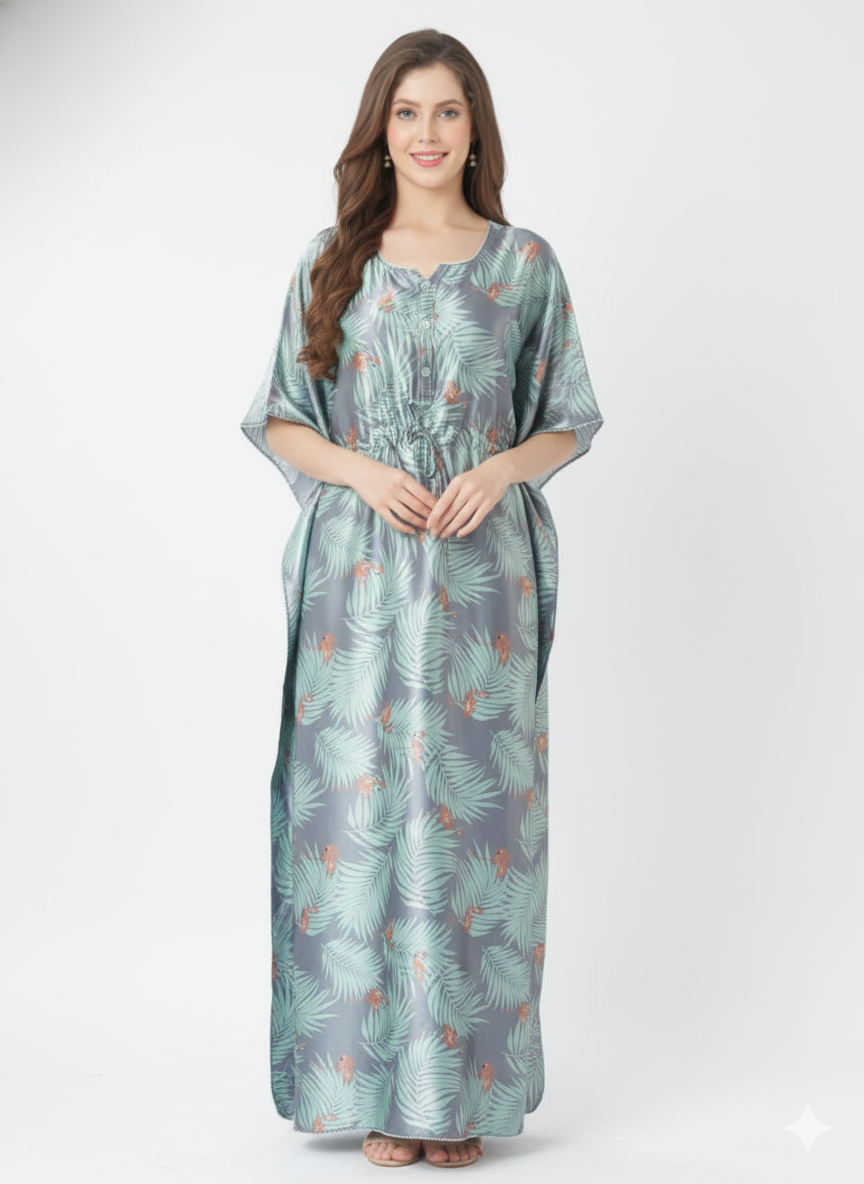 Tropical Mist Kaftan Style Nightgown | Rizqé by Zadine Italian Satin Feel Maxi Dress