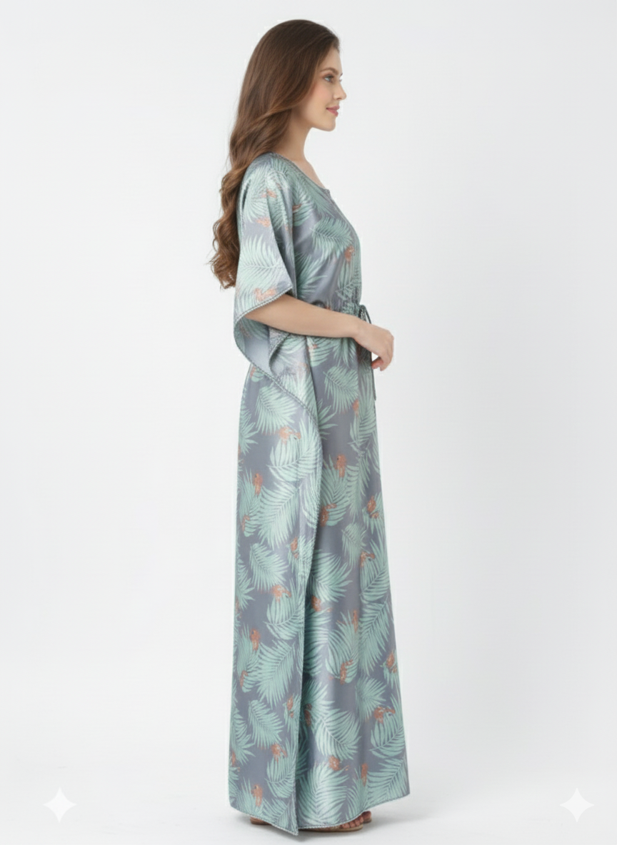 Tropical Mist Kaftan Style Nightgown | Rizqé by Zadine Italian Satin Feel Maxi Dress