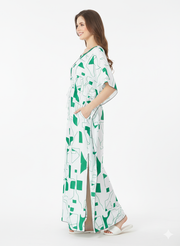 Geometric Garden Kaftan Nightgown | Rizqé White & Green Abstract Satin Feel Maxi Dress