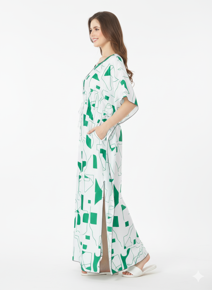 Geometric Garden Kaftan Nightgown | Rizqé White & Green Abstract Satin Feel Maxi Dress