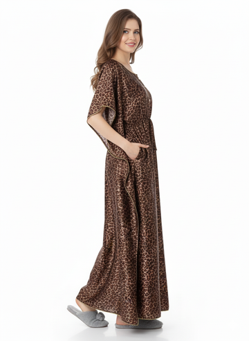 Safari Luxe Kaftan Nightgown | Rizqé Brown Leopard Print Italian Satin Feel Maxi Dress