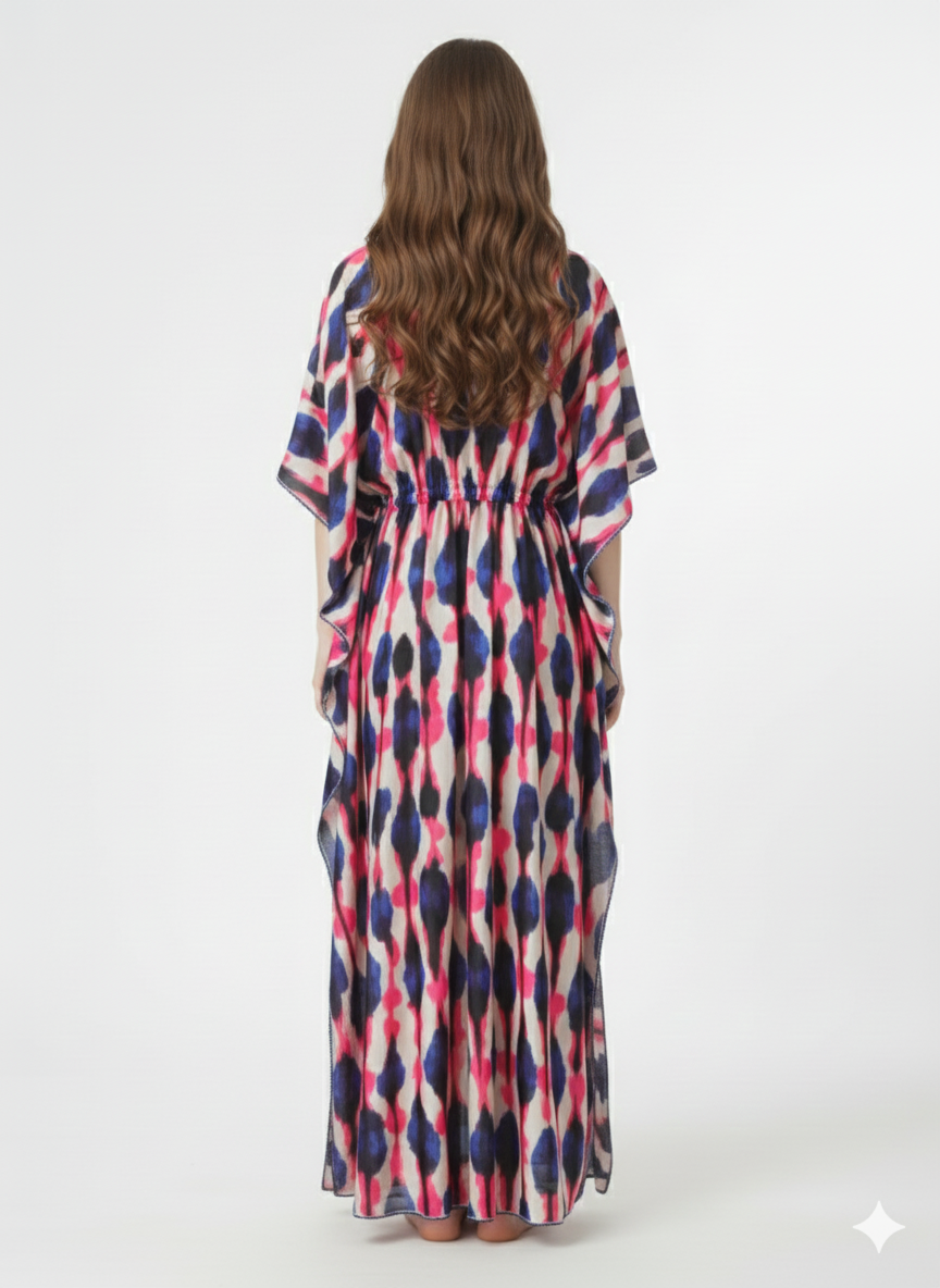 Ocean Wave Kaftan Style Nightgown | Rizqé Blue & Red Abstract Satin Feel Maxi Dress