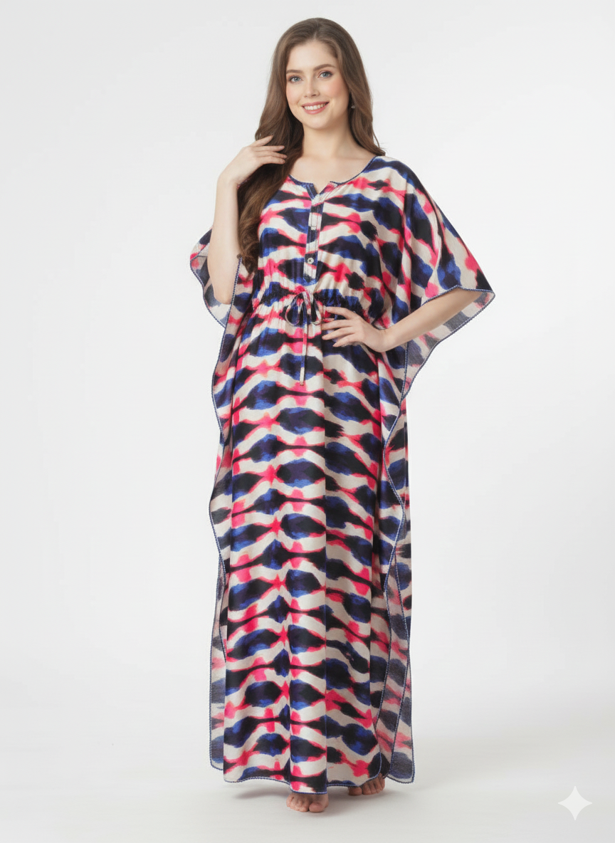 Ocean Wave Kaftan Style Nightgown | Rizqé Blue & Red Abstract Satin Feel Maxi Dress