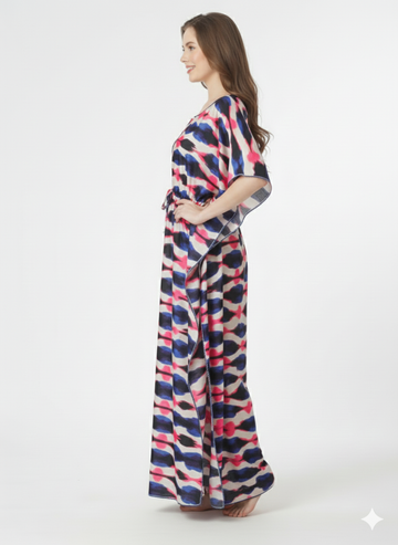 Ocean Wave Kaftan Style Nightgown | Rizqé Blue & Red Abstract Satin Feel Maxi Dress