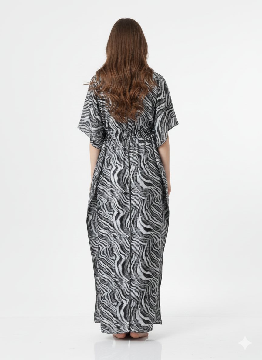 Monochrome Safari Kaftan Style Nightgown | Rizqé Black & White Zebra Print Maxi Dress