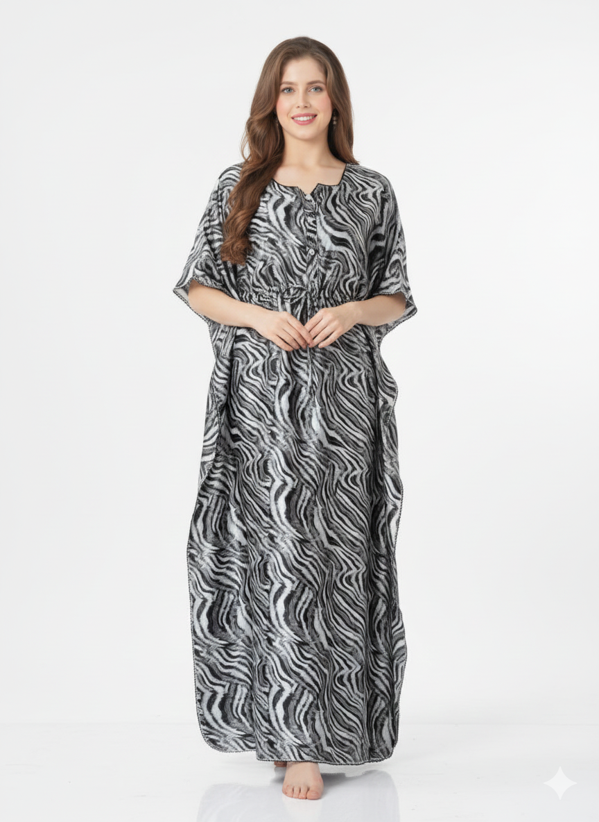 Monochrome Safari Kaftan Style Nightgown | Rizqé Black & White Zebra Print Maxi Dress