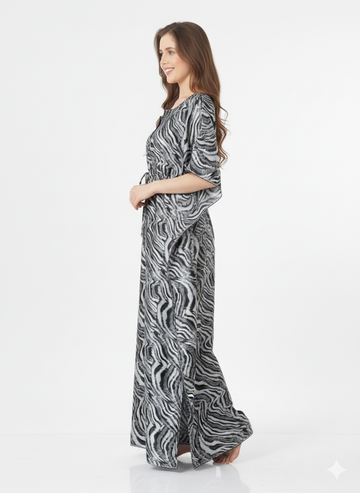 Monochrome Safari Kaftan Style Nightgown | Rizqé Black & White Zebra Print Maxi Dress