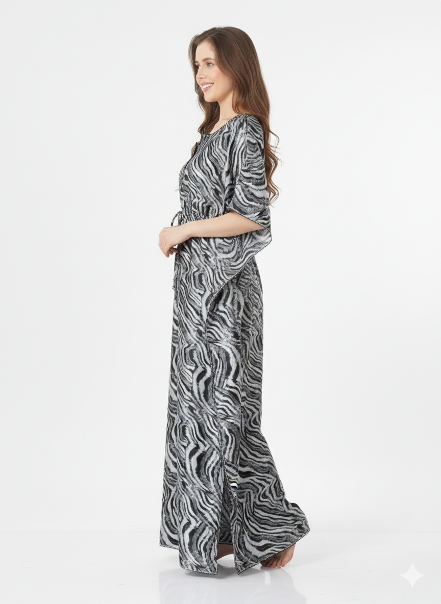 Monochrome Safari Kaftan Style Nightgown | Rizqé Black & White Zebra Print Maxi Dress