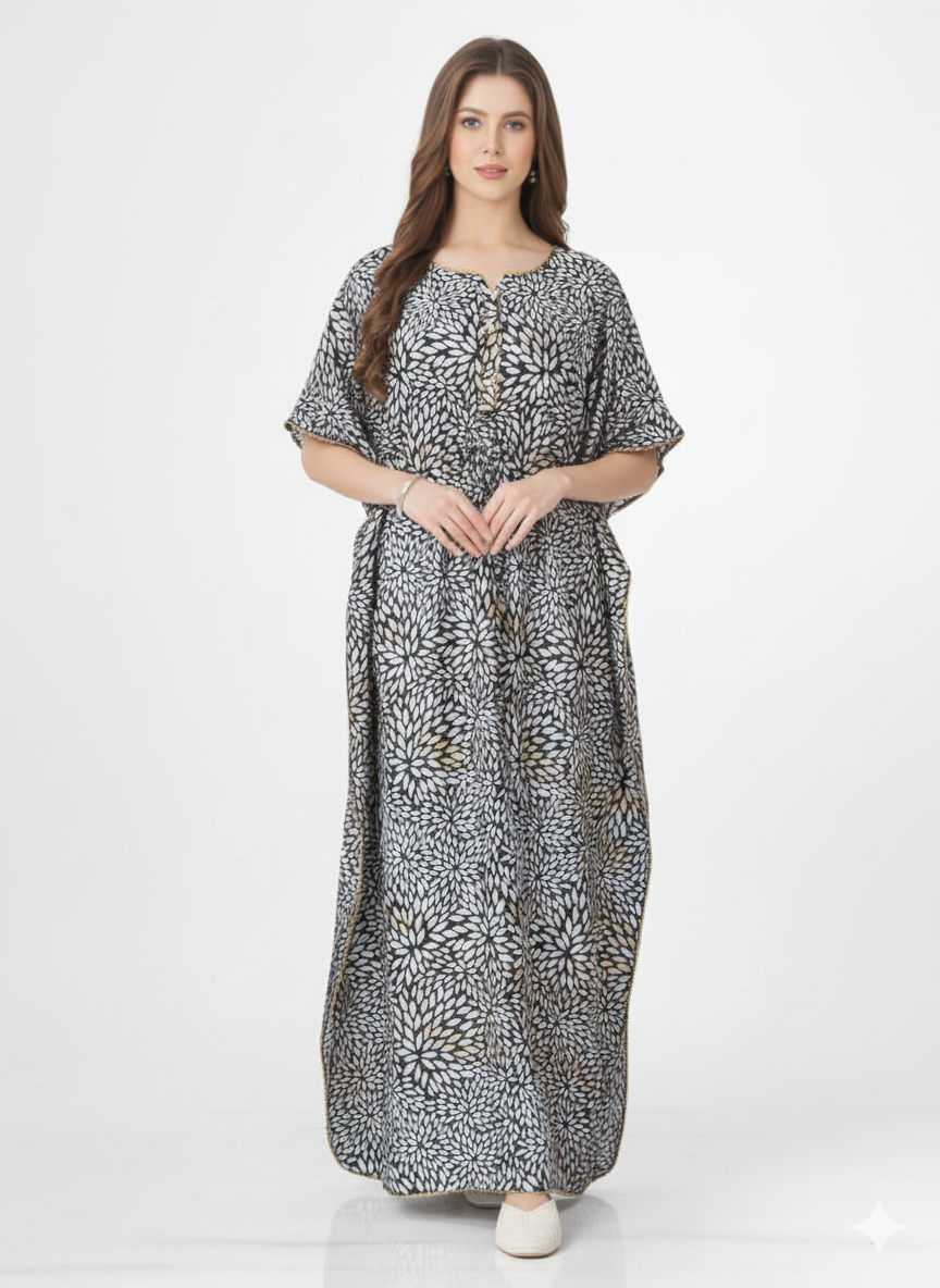 Midnight Bloom Kaftan Nightgown | Rizqé Black & White Floral Satin Feel Maxi Dress