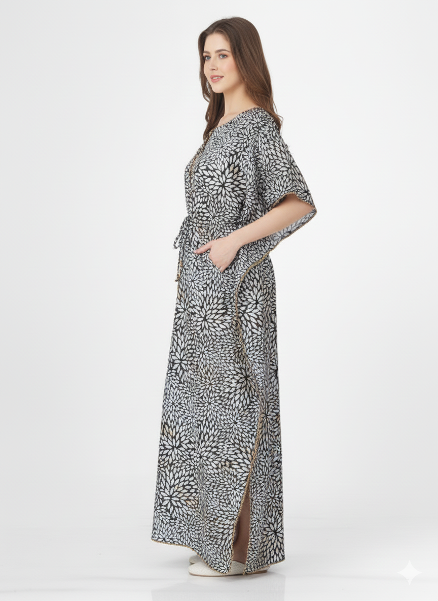 Midnight Bloom Kaftan Nightgown | Rizqé Black & White Floral Satin Feel Maxi Dress