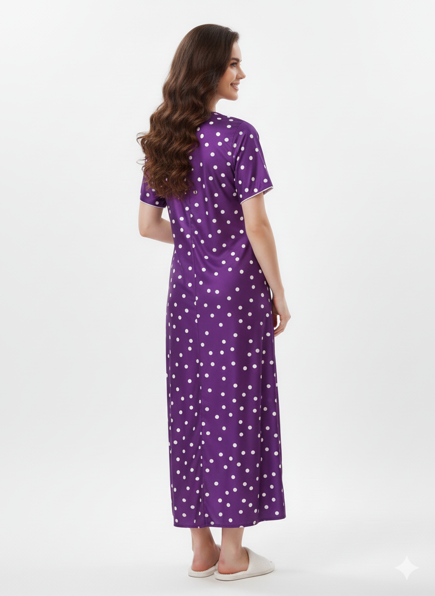 Purple Polka Dot Nightgown | Rizqé by Zadine Luxury Italian Satin Feel Maxi