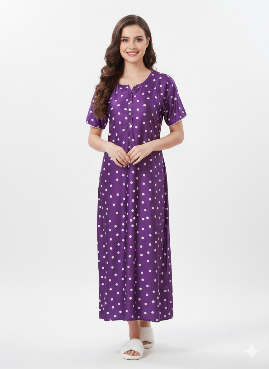 Purple Polka Dot Nightgown | Rizqé by Zadine Luxury Italian Satin Feel Maxi