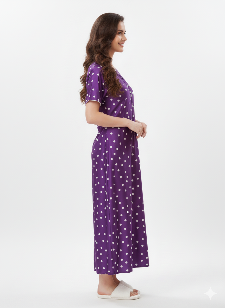 Purple Polka Dot Nightgown | Rizqé by Zadine Luxury Italian Satin Feel Maxi