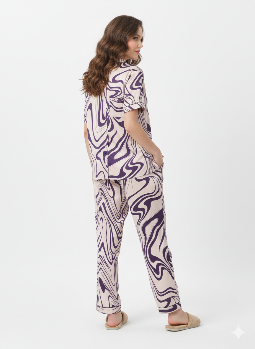 Marble Swirl Satin Nightsuit | Rizqé by Zadine Purple Abstract Print Pyjama Set