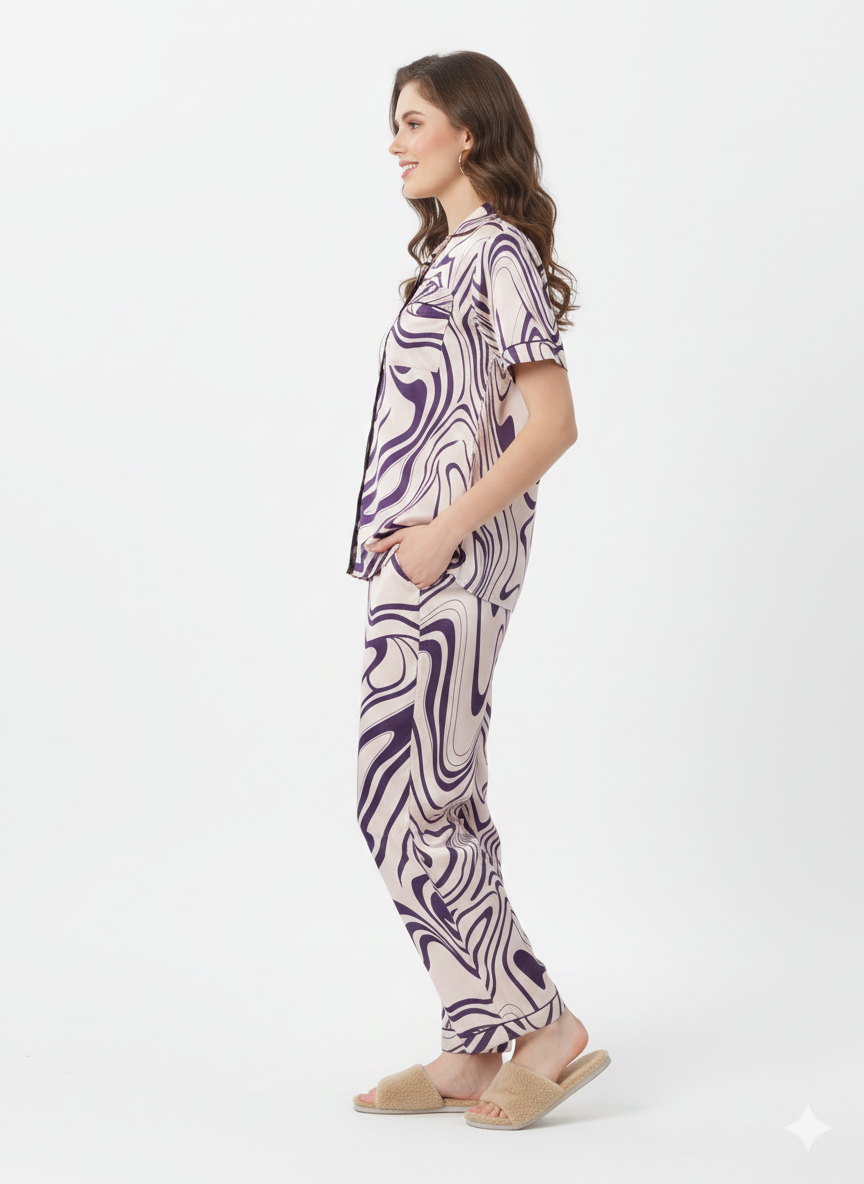 Marble Swirl Satin Nightsuit | Rizqé by Zadine Purple Abstract Print Pyjama Set