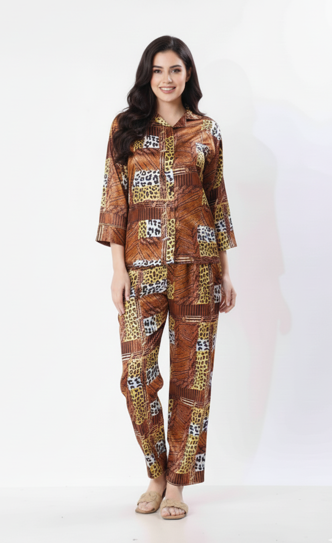Savanna Patchwork Italian Satin Nightsuit | Rizqé by Zadine Mixed Animal Print Pyjama Set