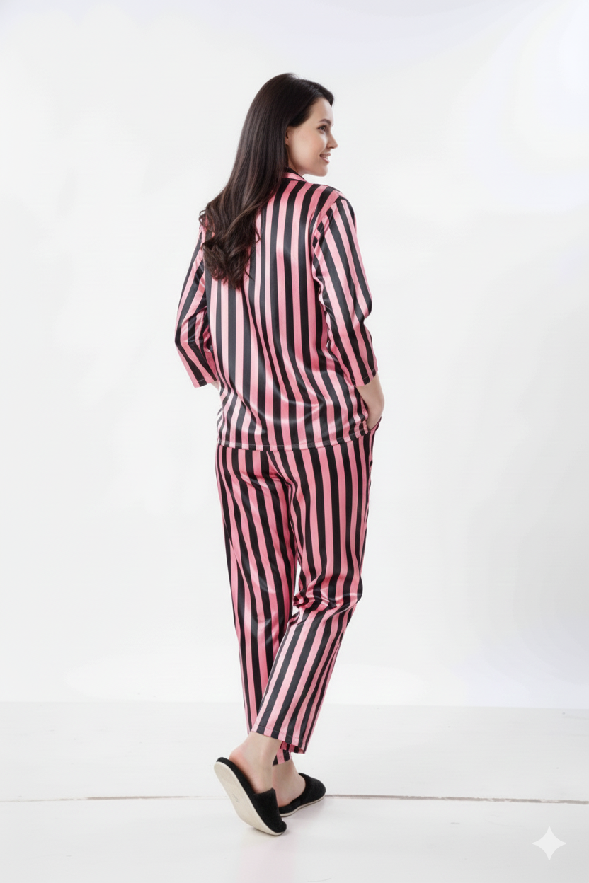 Venetian Stripe Italian Satin Nightsuit | Rizqé by Zadine Pink & Black Stripe Pyjama Set