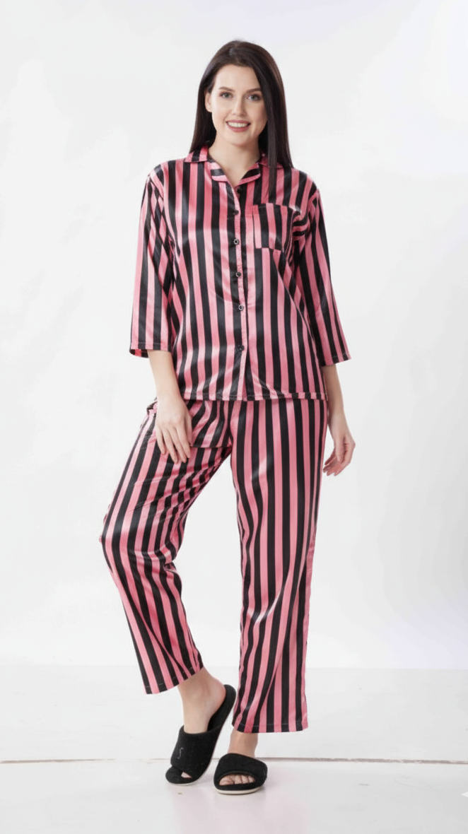 Venetian Stripe Italian Satin Nightsuit | Rizqé by Zadine Pink & Black Stripe Pyjama Set