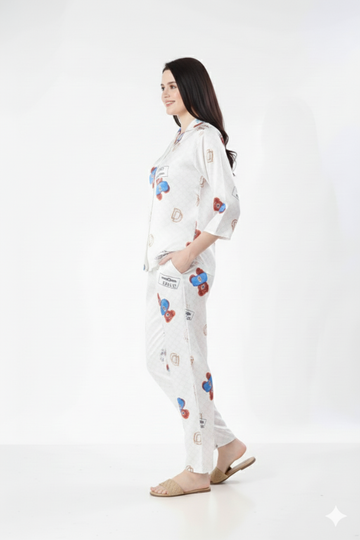 Teddy Bear Love Printed Nightsuit | Rizqé by Zadine Novelty Pyjama Set White & Red