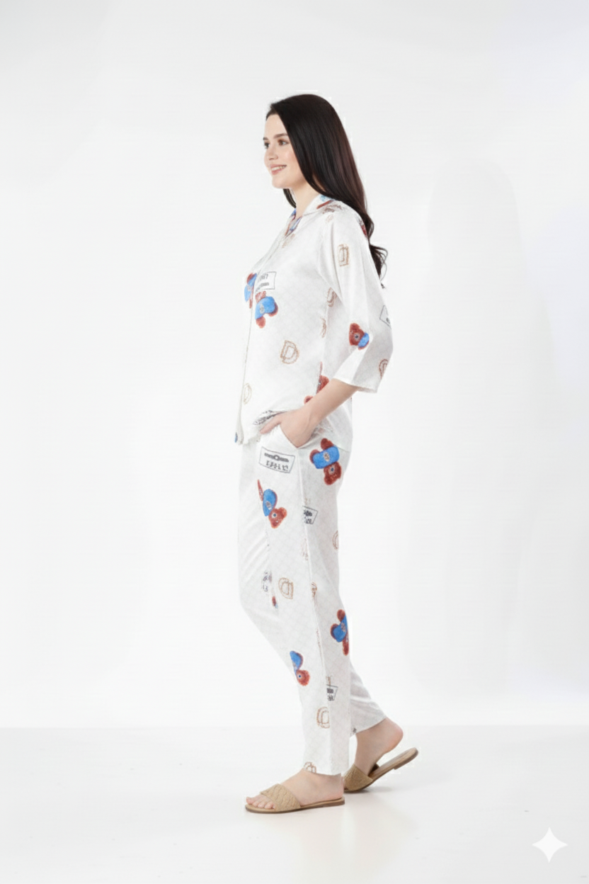 Teddy Bear Love Printed Nightsuit | Rizqé by Zadine Novelty Pyjama Set White & Red