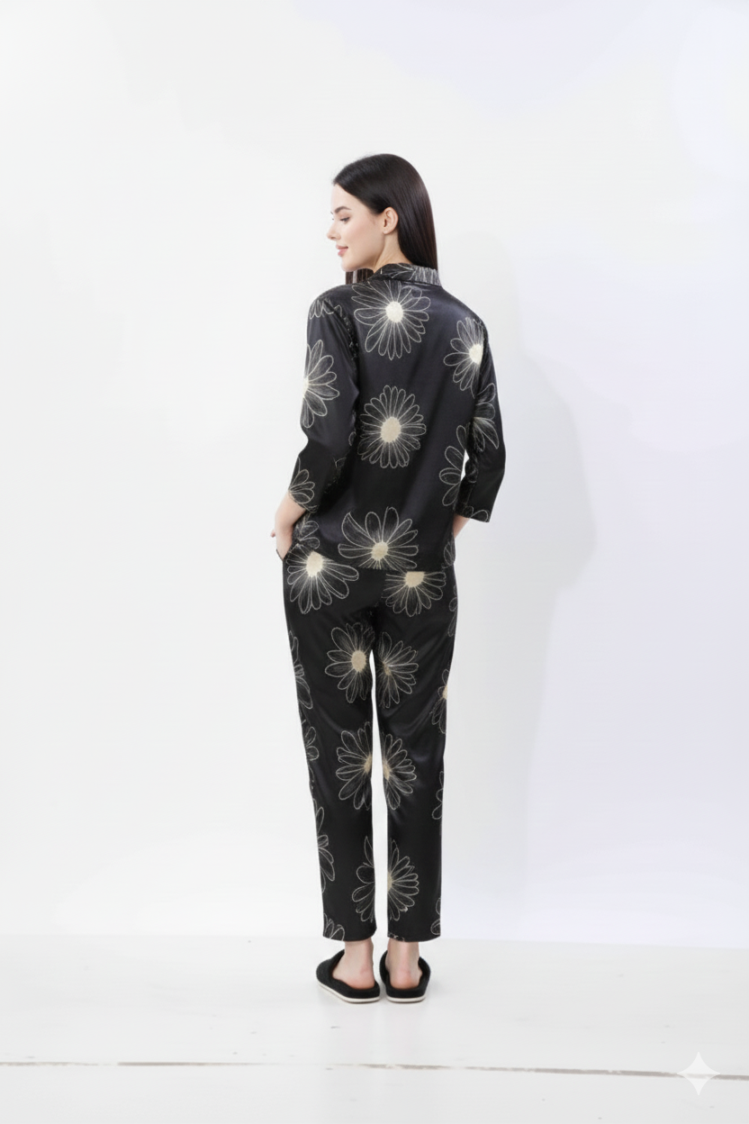 Midnight Daisy Italian Satin Nightsuit | Rizqé by Zadine Black & Beige Floral Print Pyjama Set