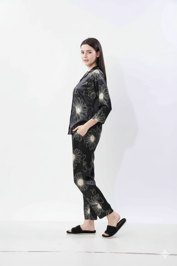 Midnight Daisy Italian Satin Nightsuit | Rizqé by Zadine Black & Beige Floral Print Pyjama Set