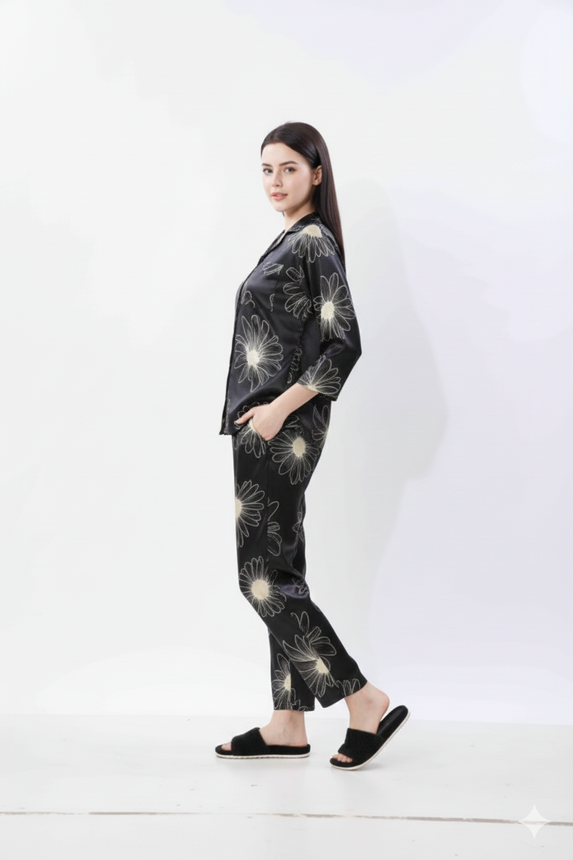 Midnight Daisy Italian Satin Nightsuit | Rizqé by Zadine Black & Beige Floral Print Pyjama Set