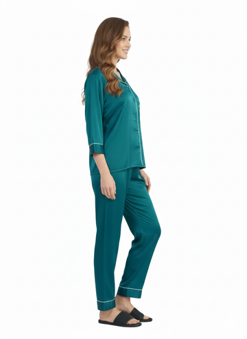 Emerald Jewel Armani Satin Nightsuit | Premium Rizqé by Zadine Deep Green Pyjama Set